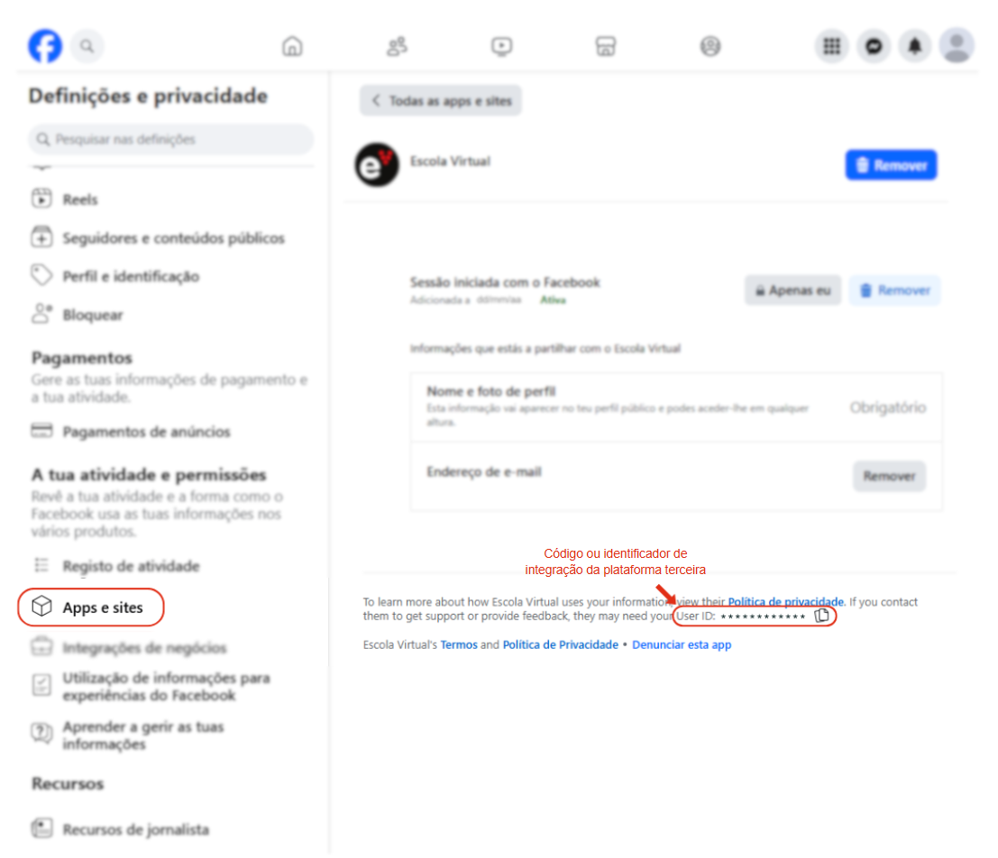 Facebook: Ecrã de indicação do código ou identificador de integração