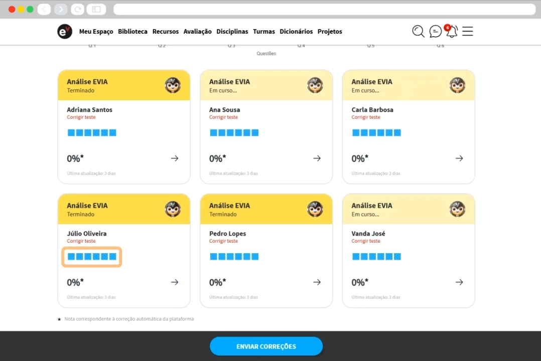 Dashboard de correção de teste com IA